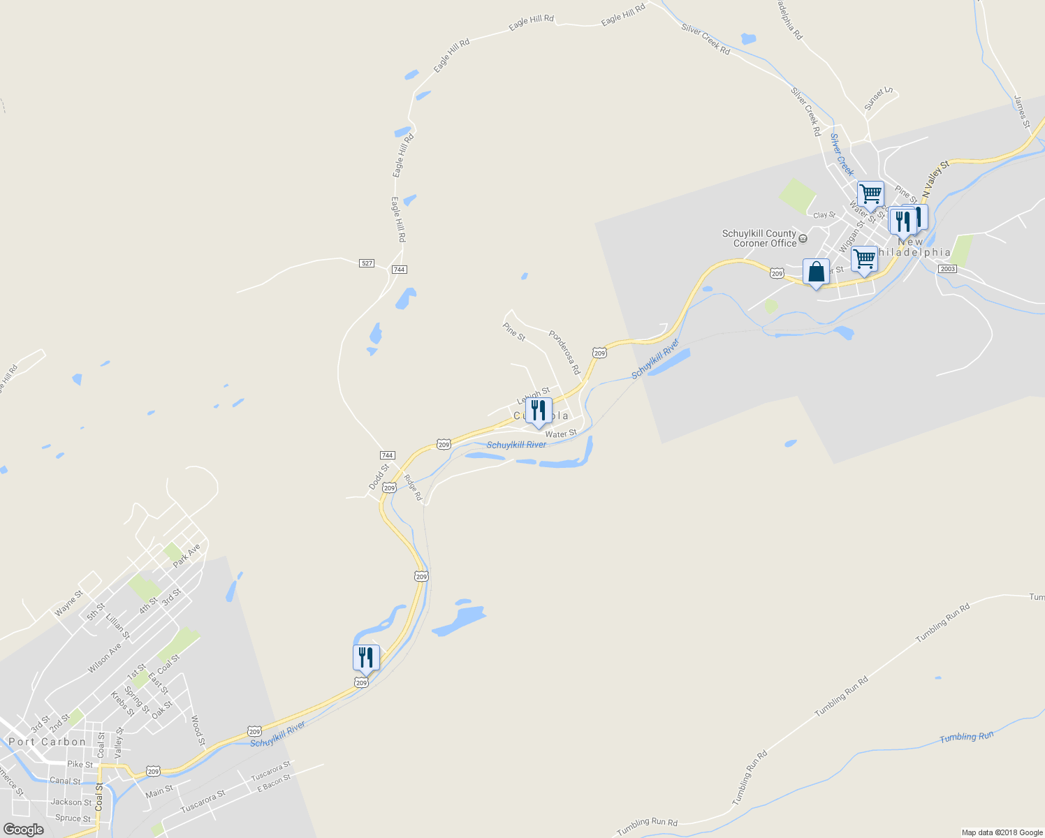 map of restaurants, bars, coffee shops, grocery stores, and more near 166 Market Street in Tamaqua