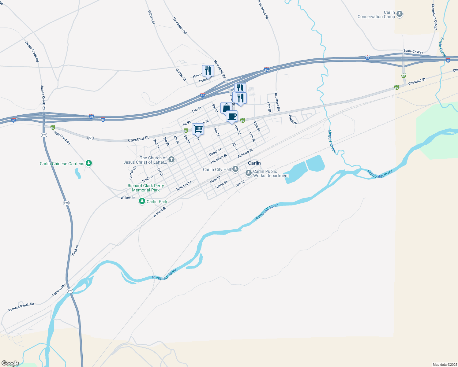 map of restaurants, bars, coffee shops, grocery stores, and more near 619 Camp St in Carlin