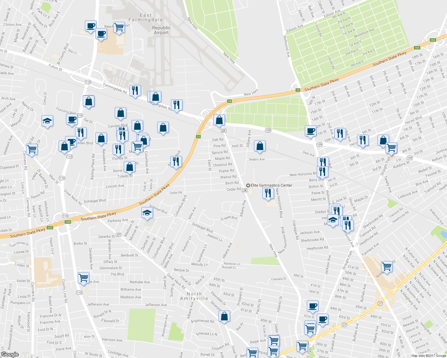 map of restaurants, bars, coffee shops, grocery stores, and more near 24 Walnut Road in Amityville