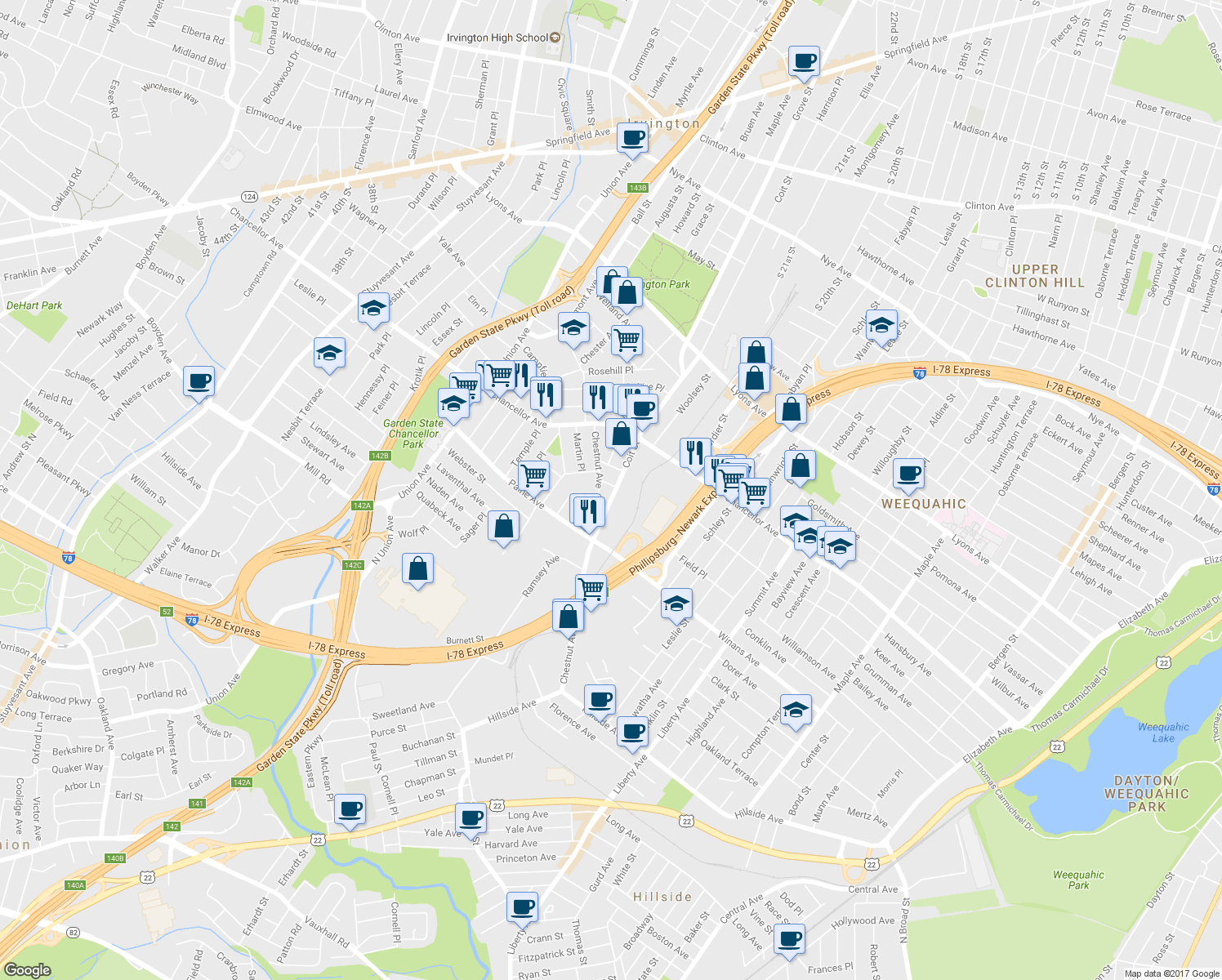 map of restaurants, bars, coffee shops, grocery stores, and more near 78 Chestnut Avenue in Irvington