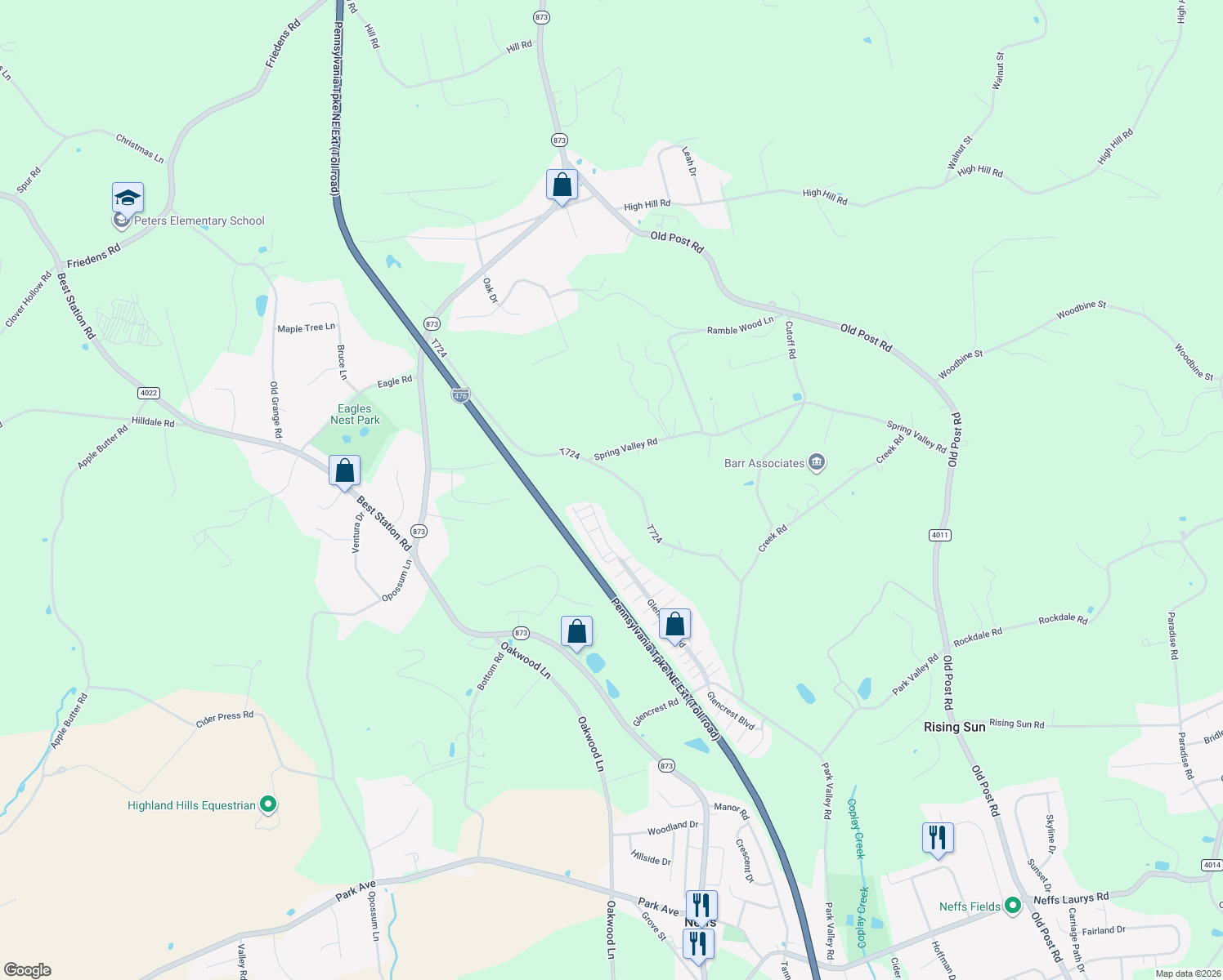 map of restaurants, bars, coffee shops, grocery stores, and more near 6338 Hickory Road in Slatington