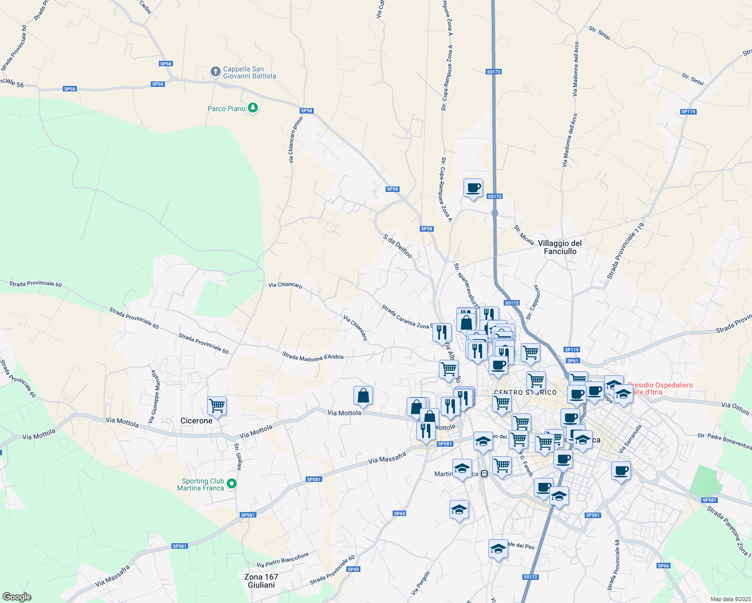 map of restaurants, bars, coffee shops, grocery stores, and more near 35 Strada Caramia Zona D in Martina Franca