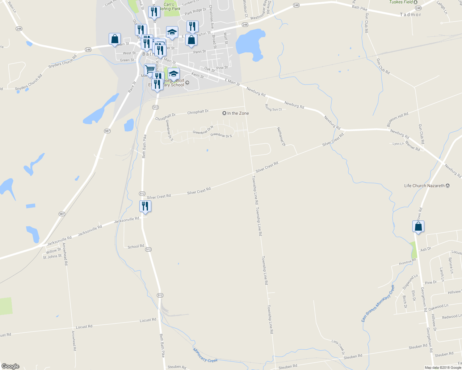 map of restaurants, bars, coffee shops, grocery stores, and more near 6910 Silver Crest Road in Nazareth