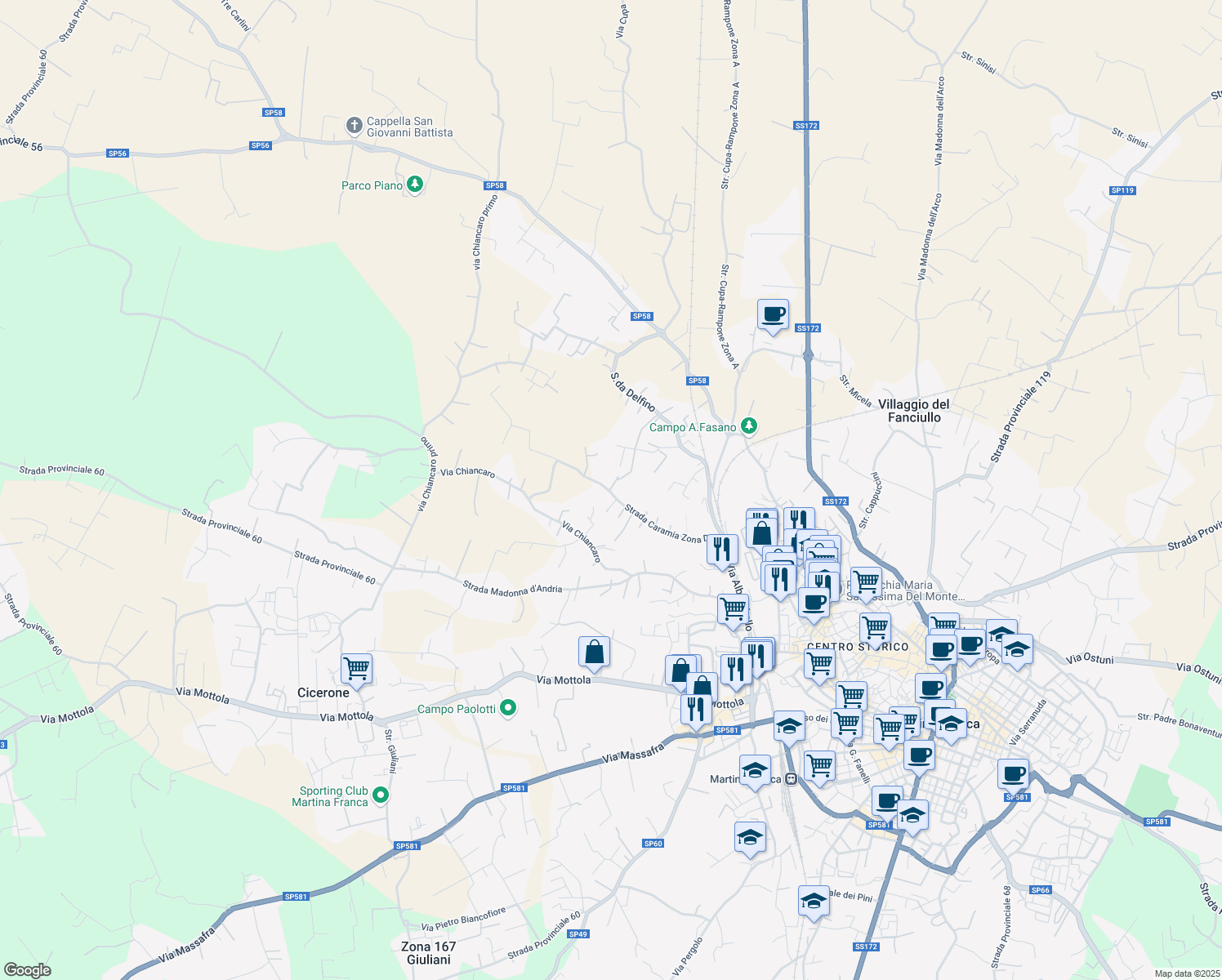 map of restaurants, bars, coffee shops, grocery stores, and more near 35 Strada Caramia Zona D in Martina Franca