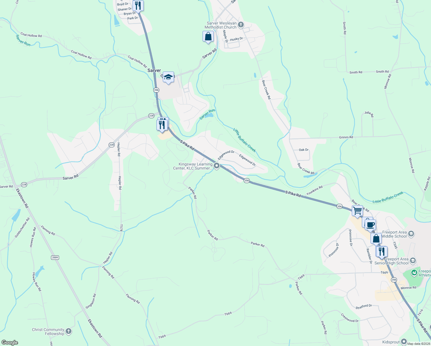 map of restaurants, bars, coffee shops, grocery stores, and more near 302 South Pike Road in Sarver