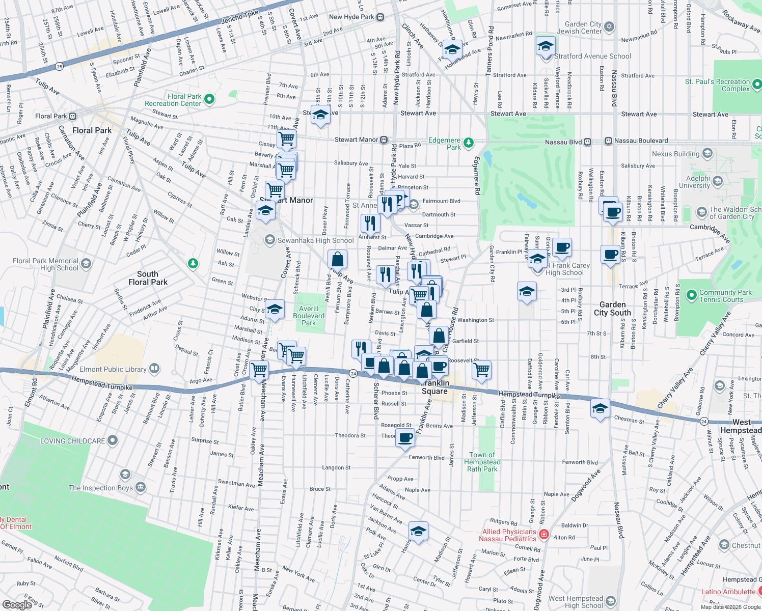 map of restaurants, bars, coffee shops, grocery stores, and more near 163 Herman Boulevard in Franklin Square