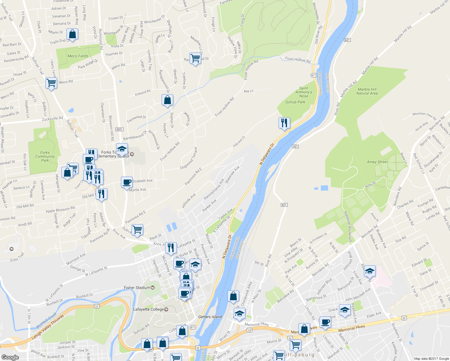 map of restaurants, bars, coffee shops, grocery stores, and more near 164 Shawnee Avenue in Easton