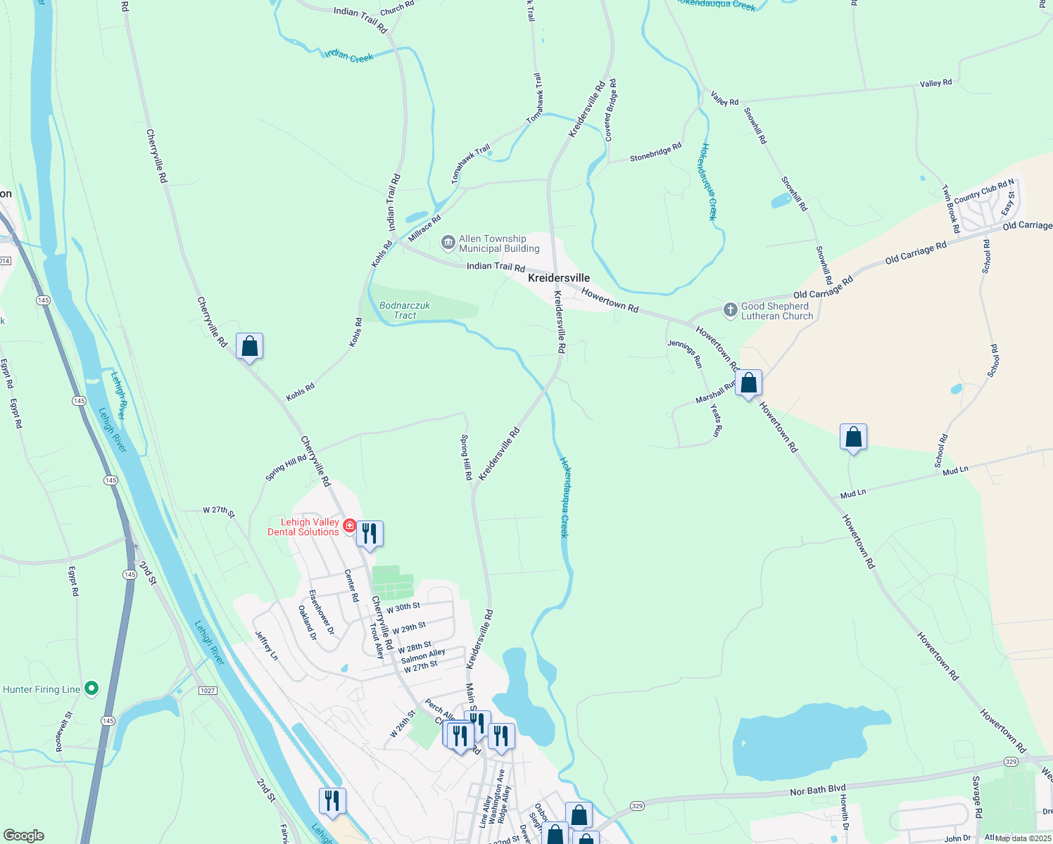 map of restaurants, bars, coffee shops, grocery stores, and more near 3468 Kreidersville Road in Northampton