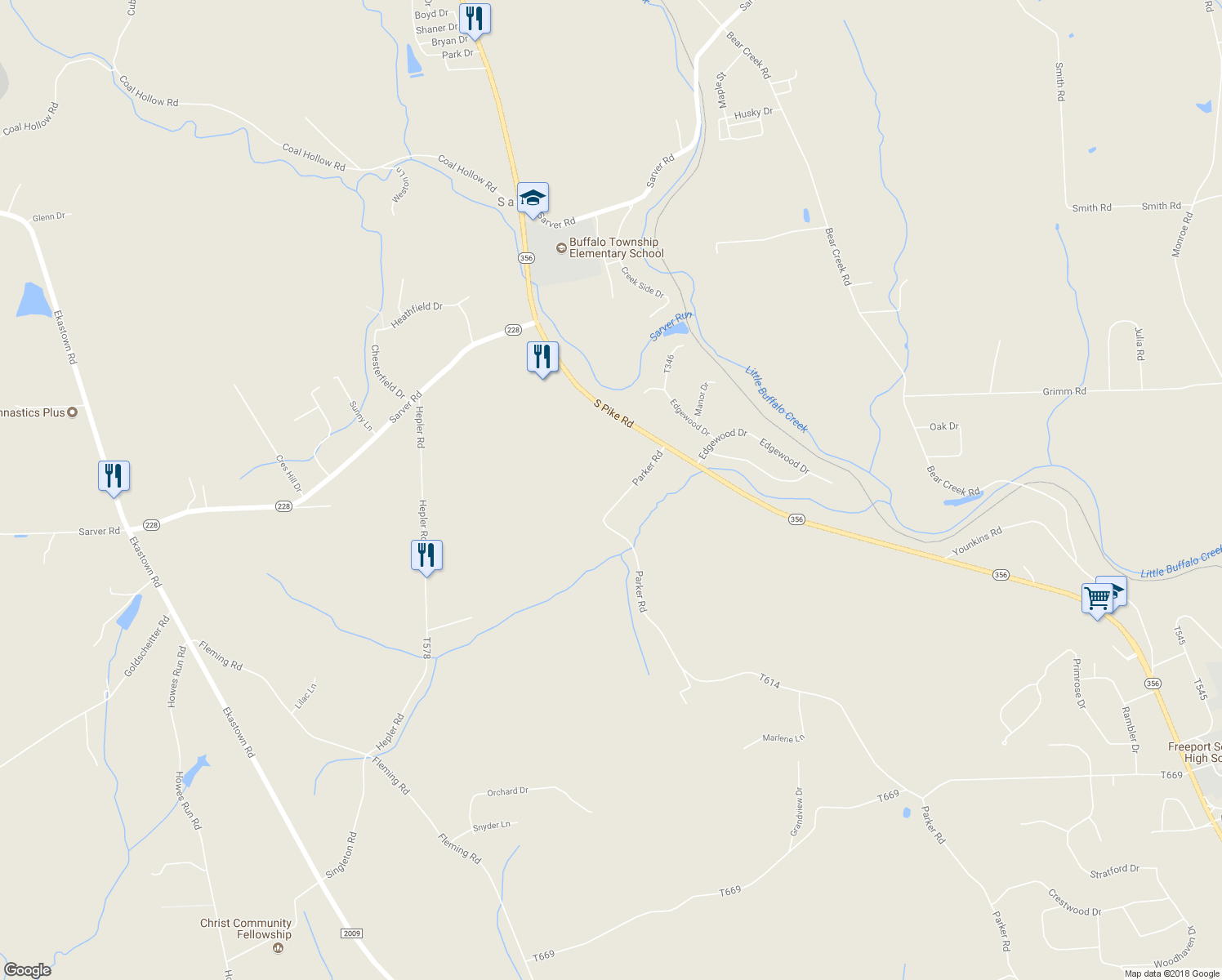 map of restaurants, bars, coffee shops, grocery stores, and more near 118 Parker Road in Sarver
