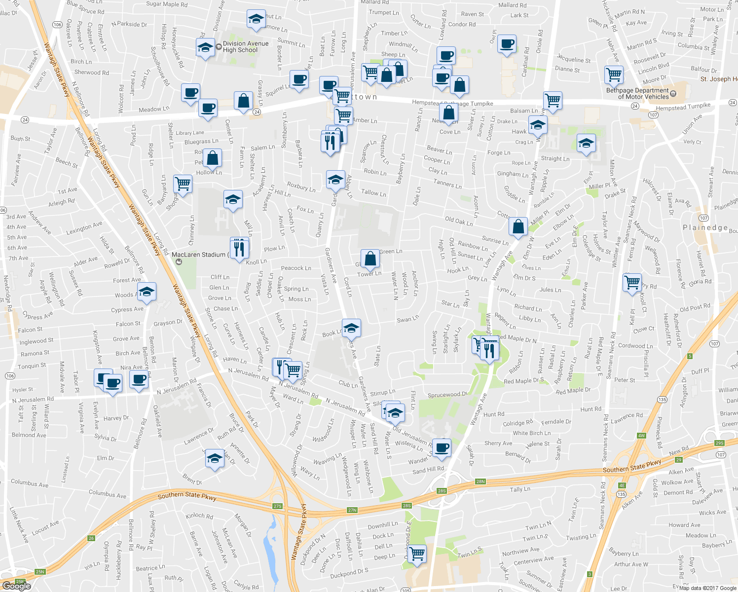 map of restaurants, bars, coffee shops, grocery stores, and more near 12 Slate Lane in Levittown