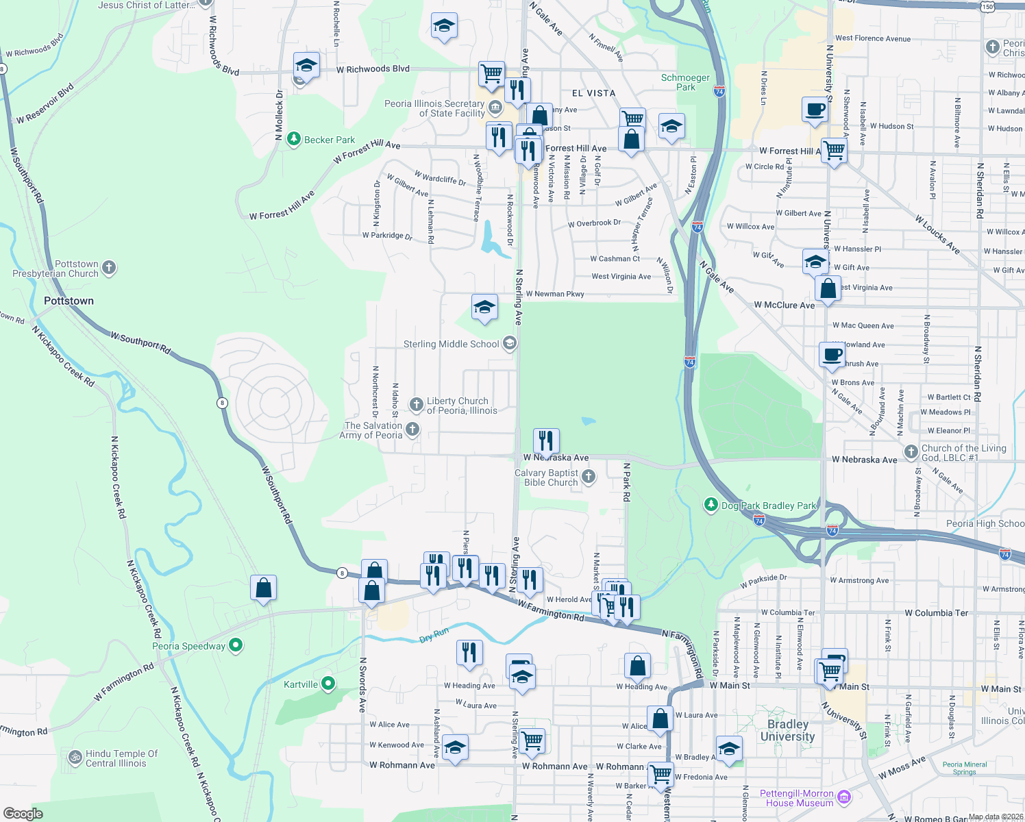 map of restaurants, bars, coffee shops, grocery stores, and more near 2508 W Flint St in Peoria