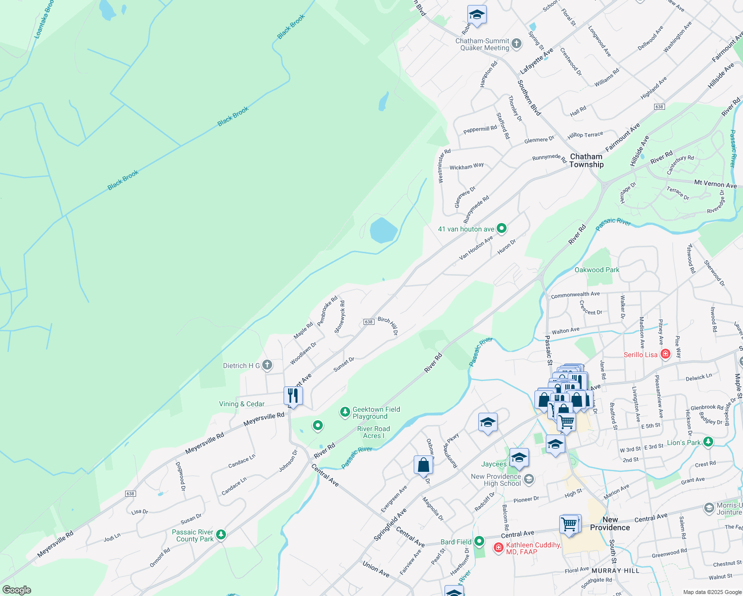 map of restaurants, bars, coffee shops, grocery stores, and more near 7 Karlin Drive in Chatham Township