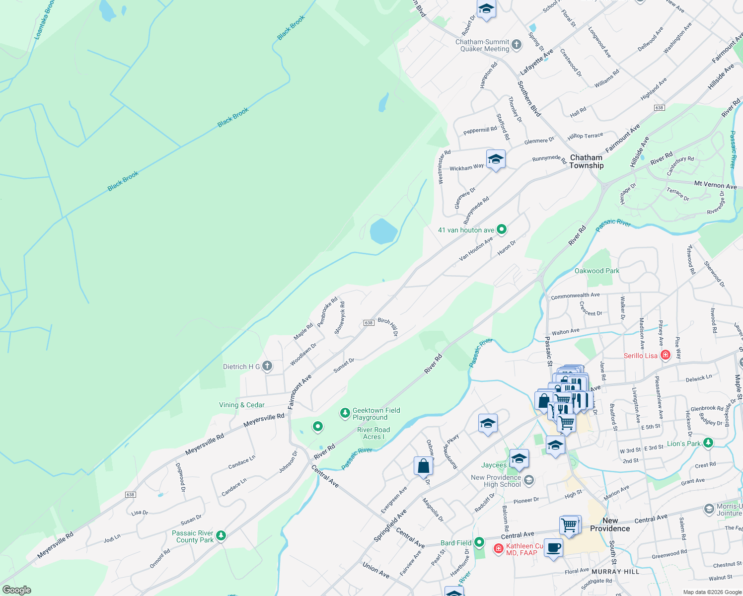 map of restaurants, bars, coffee shops, grocery stores, and more near 7 Karlin Drive in Chatham Township