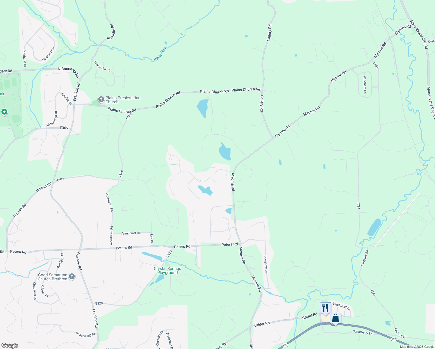 map of restaurants, bars, coffee shops, grocery stores, and more near 106 Majestic Drive in Mars