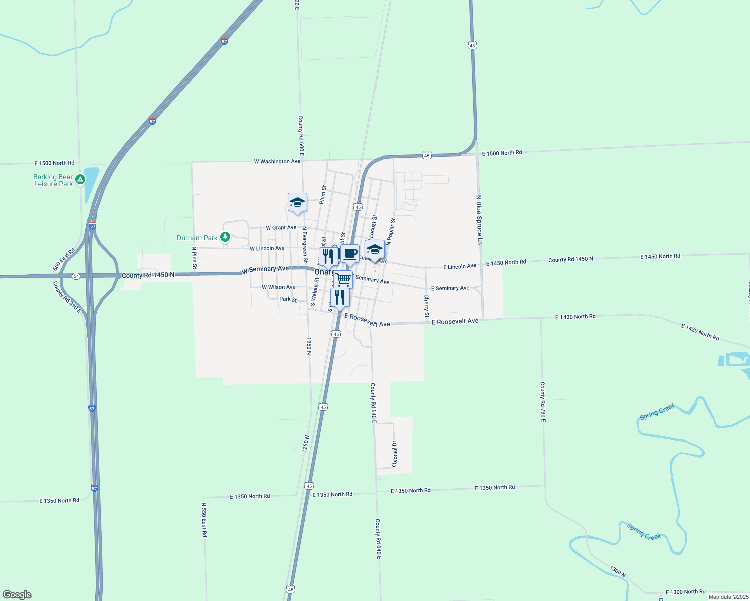 map of restaurants, bars, coffee shops, grocery stores, and more near 201 South Poplar Street in Onarga
