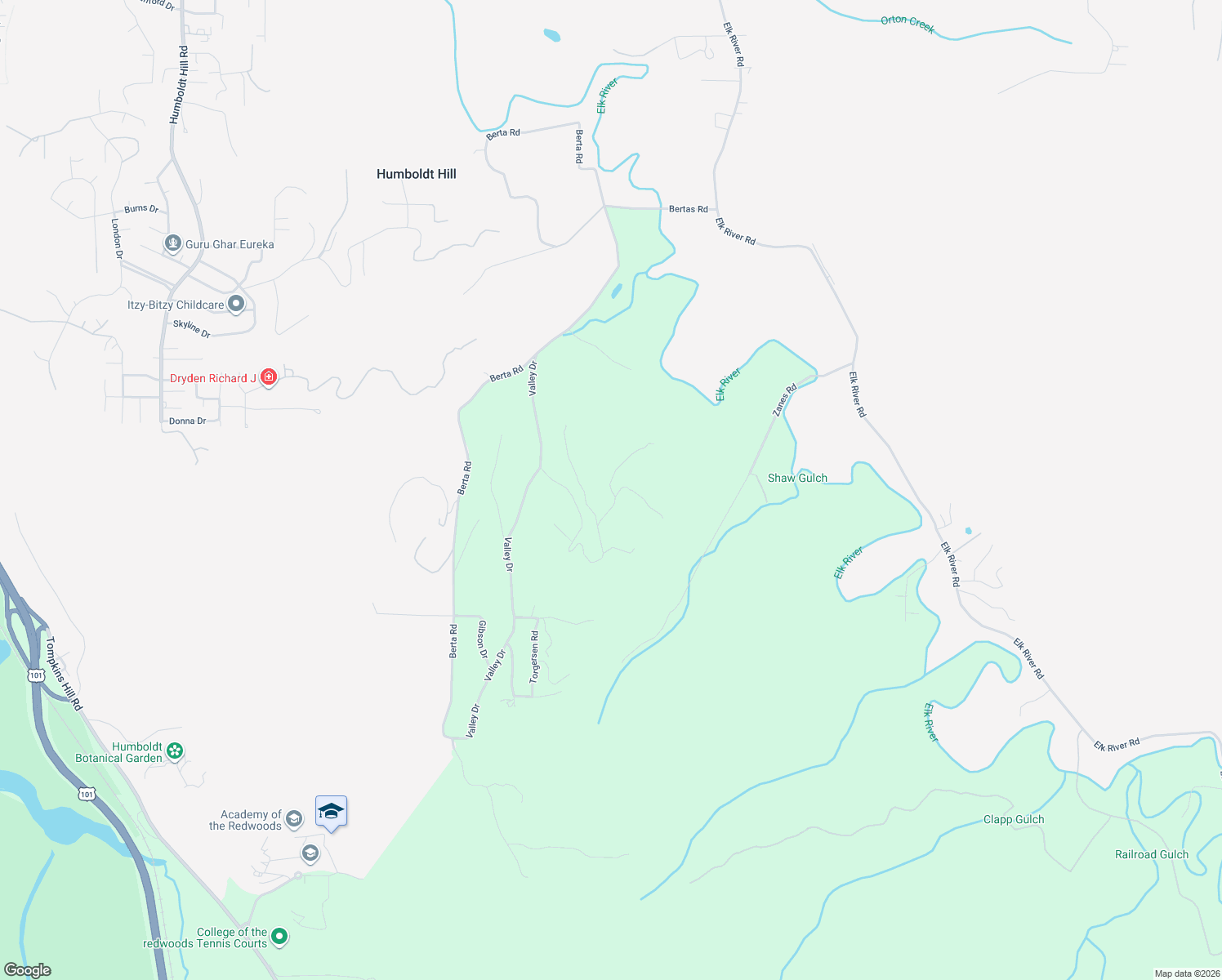 map of restaurants, bars, coffee shops, grocery stores, and more near 627 Tanglewood Drive in Eureka