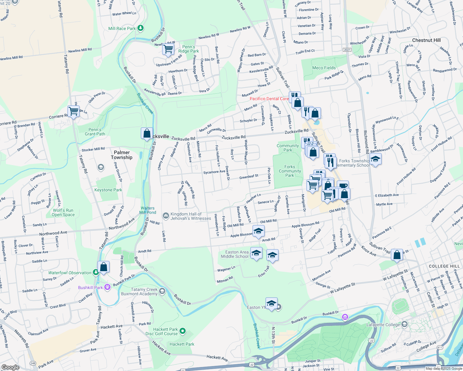 map of restaurants, bars, coffee shops, grocery stores, and more near 1182 Dewalt Dr in Easton