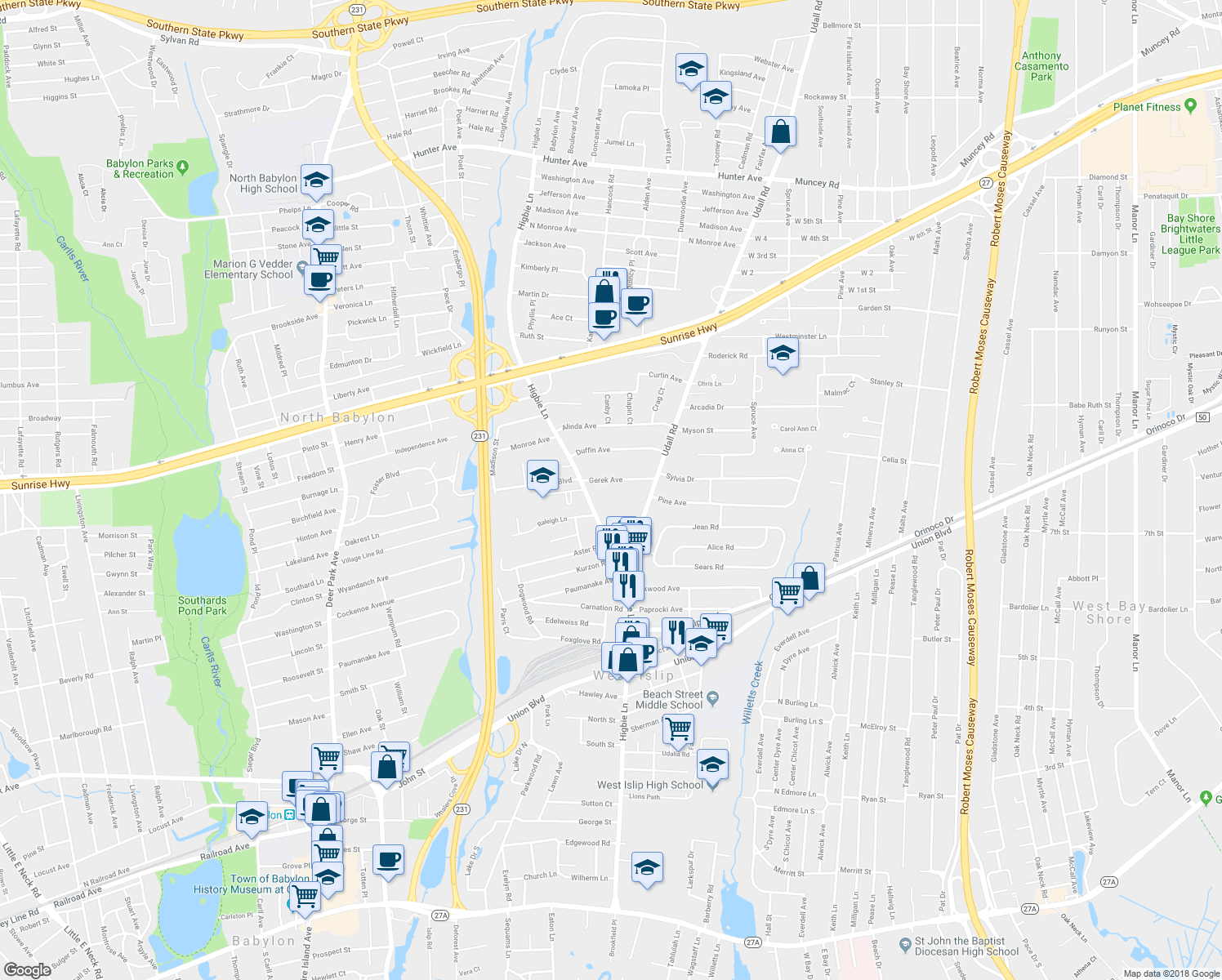 map of restaurants, bars, coffee shops, grocery stores, and more near 14 Gerek Avenue in West Islip