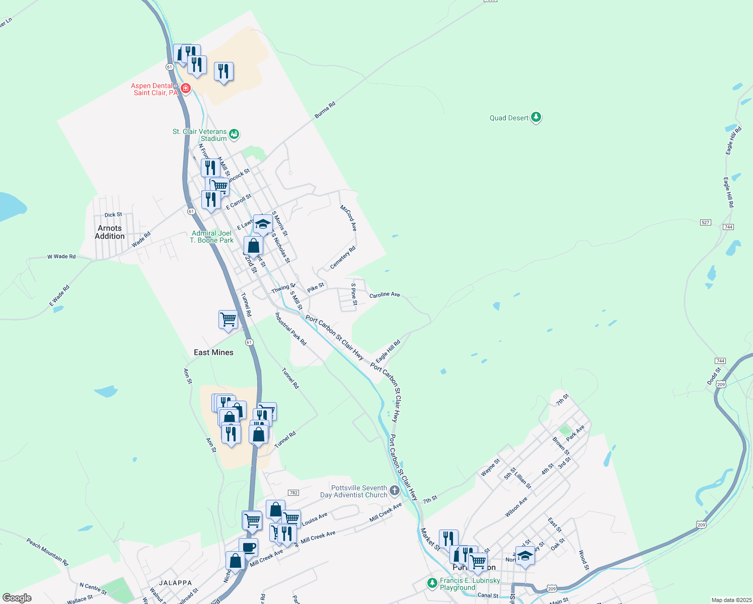 map of restaurants, bars, coffee shops, grocery stores, and more near 86 Caroline Avenue in Pottsville