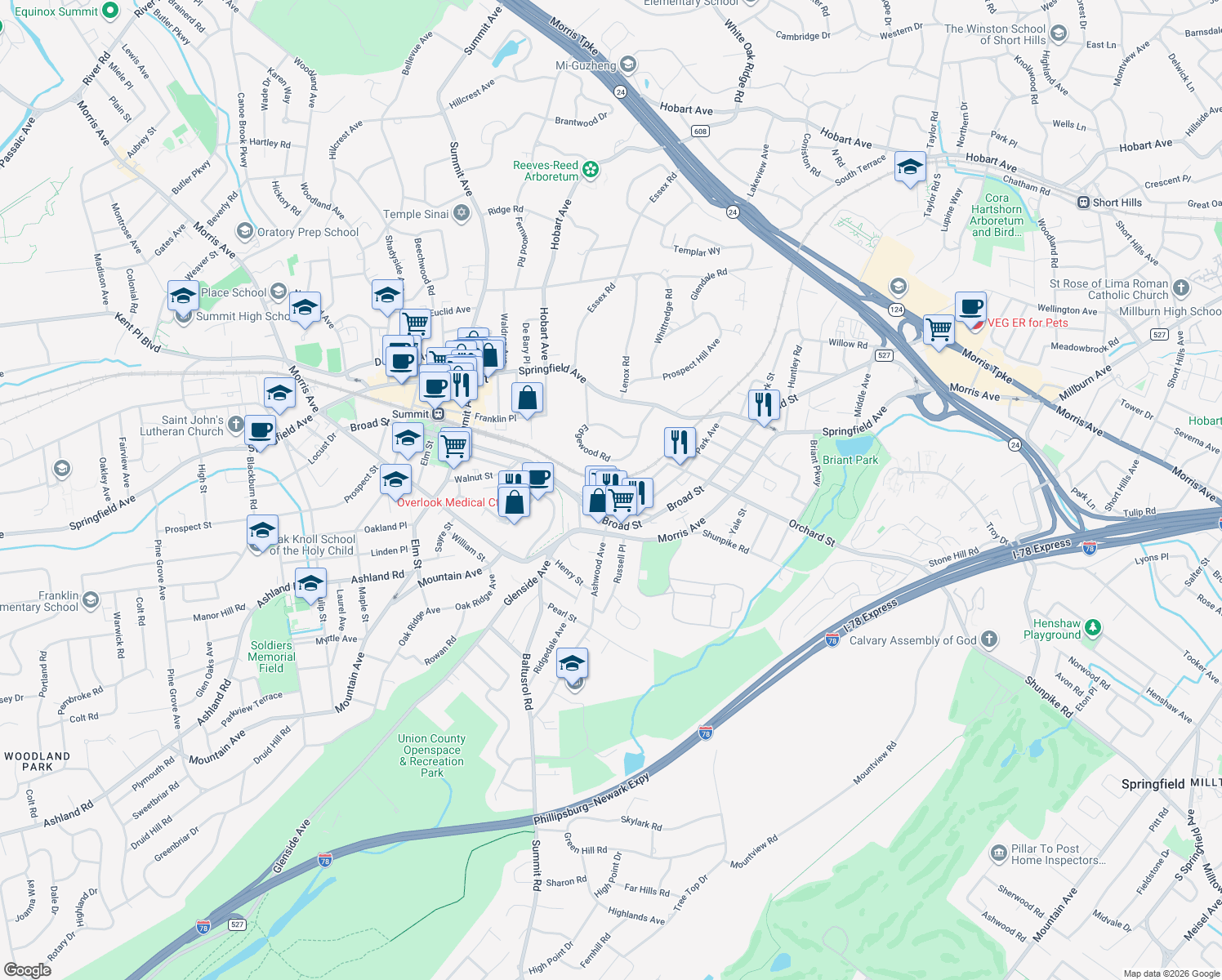 map of restaurants, bars, coffee shops, grocery stores, and more near 96 Park Avenue in Summit