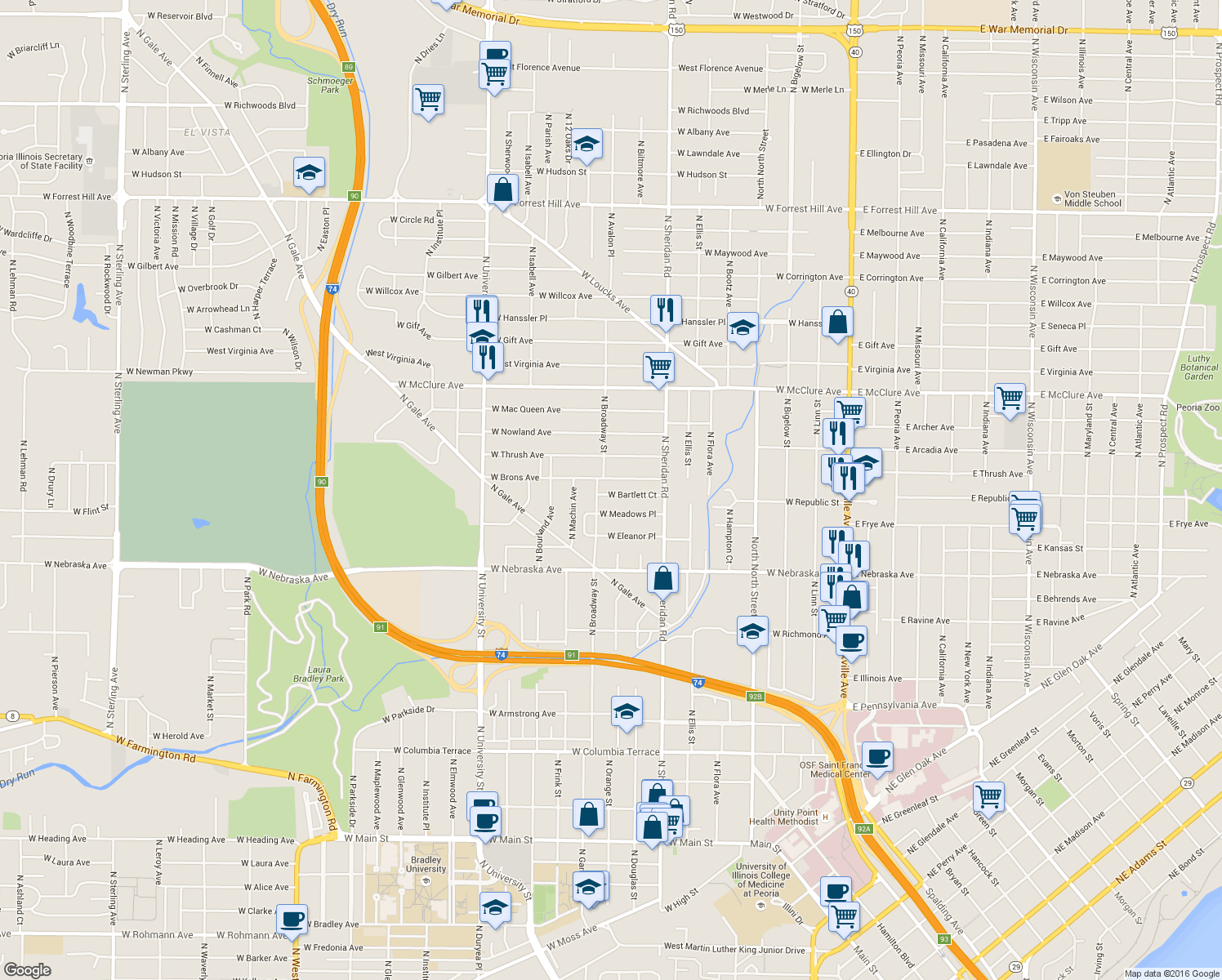 map of restaurants, bars, coffee shops, grocery stores, and more near 2100-2116 North Broadway Street in Peoria