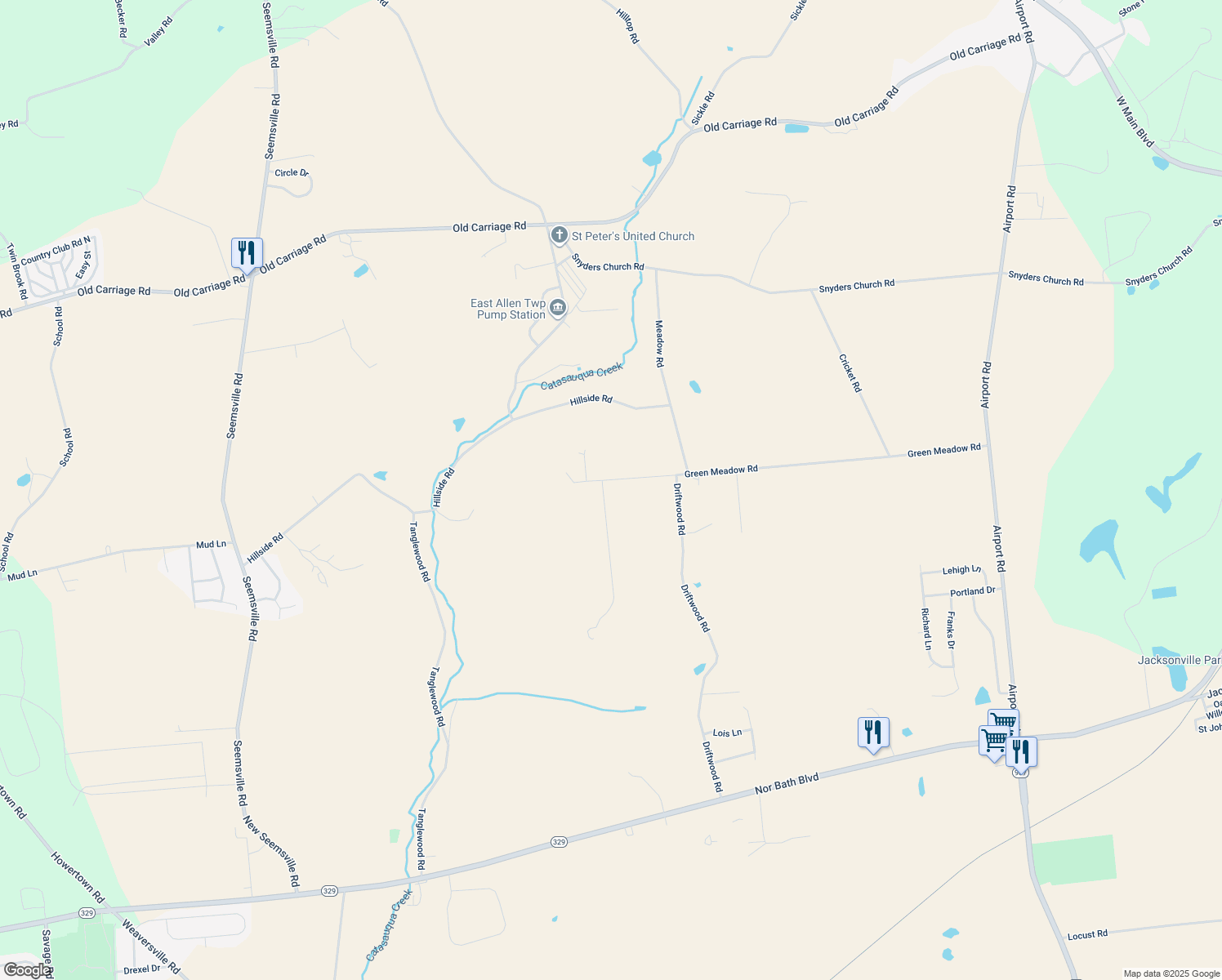 map of restaurants, bars, coffee shops, grocery stores, and more near 5394 Green Meadow Road in Northampton