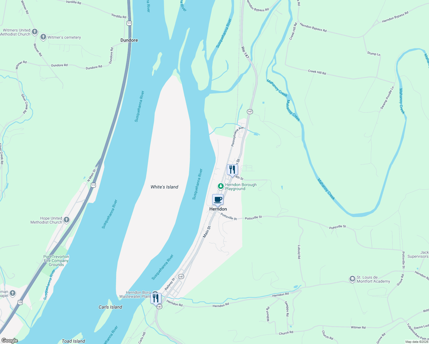 map of restaurants, bars, coffee shops, grocery stores, and more near Riverside Avenue in Herndon