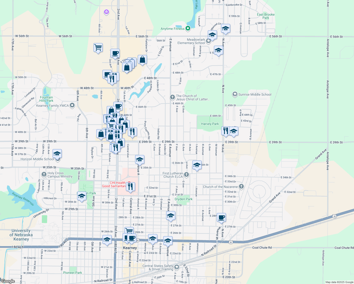 map of restaurants, bars, coffee shops, grocery stores, and more near 3898 F Ave in Kearney