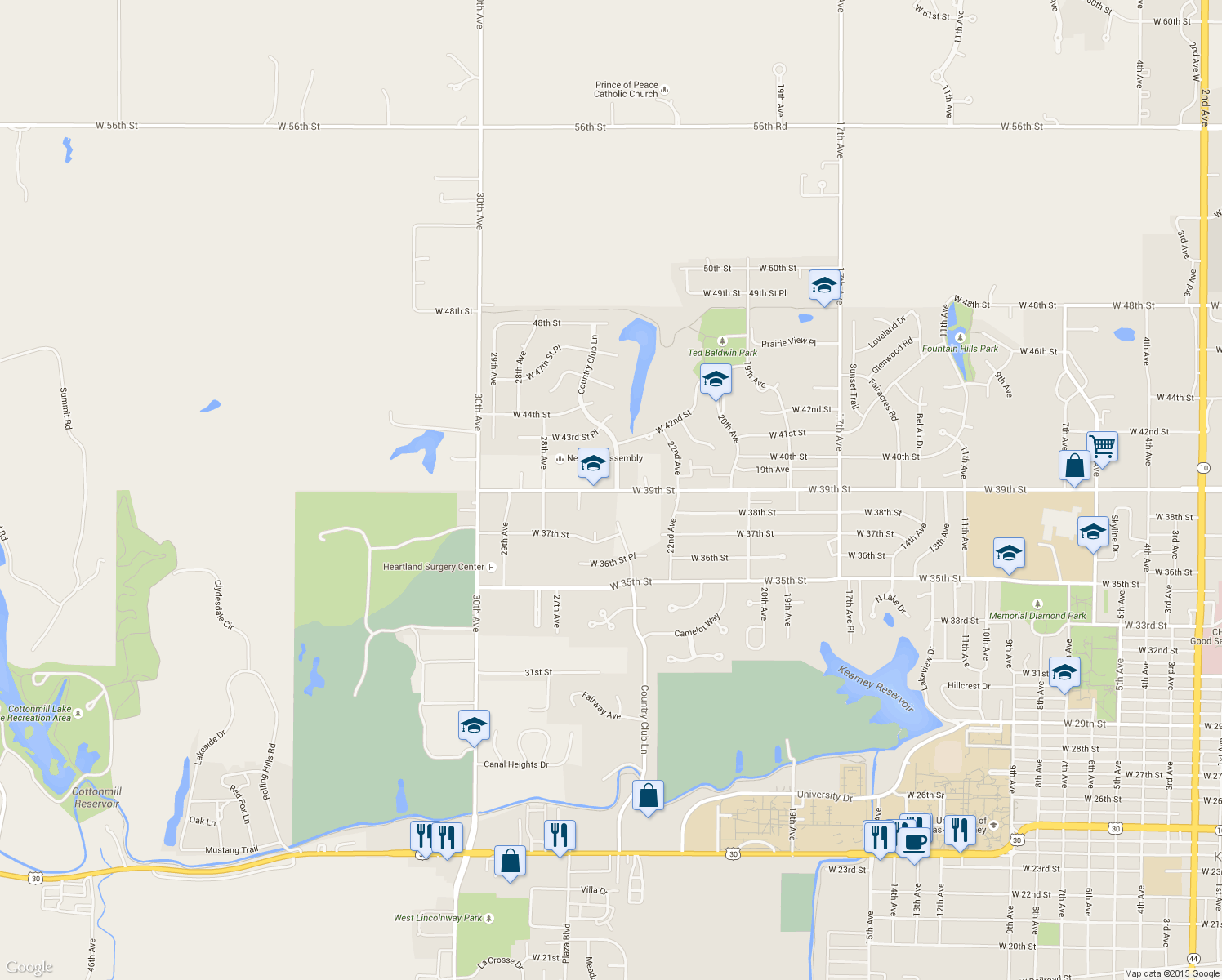 map of restaurants, bars, coffee shops, grocery stores, and more near 2413-2523 West 39th Street in Kearney