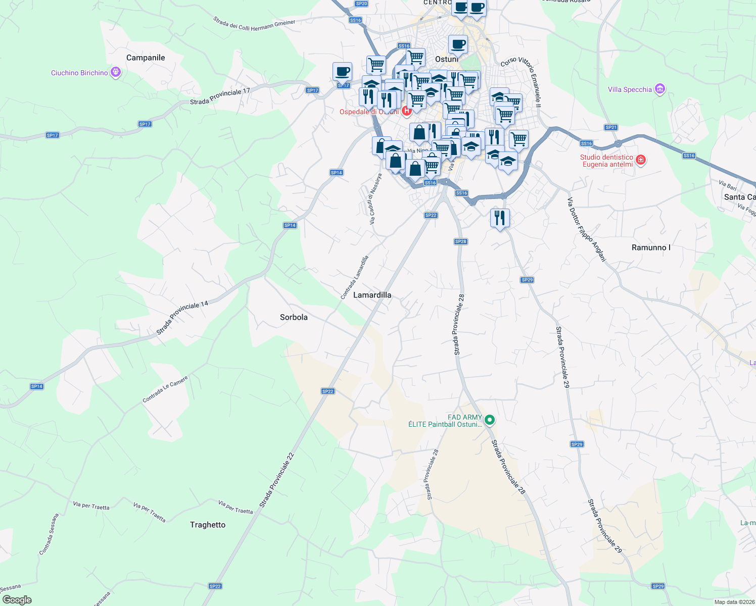 map of restaurants, bars, coffee shops, grocery stores, and more near 192 Via Papa Giovanni XXIII in Lamardilla