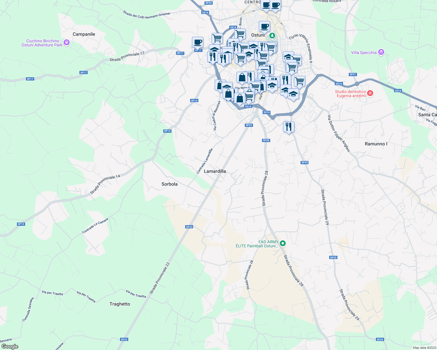 map of restaurants, bars, coffee shops, grocery stores, and more near 190 Via Papa Giovanni XXIII in Lamardilla