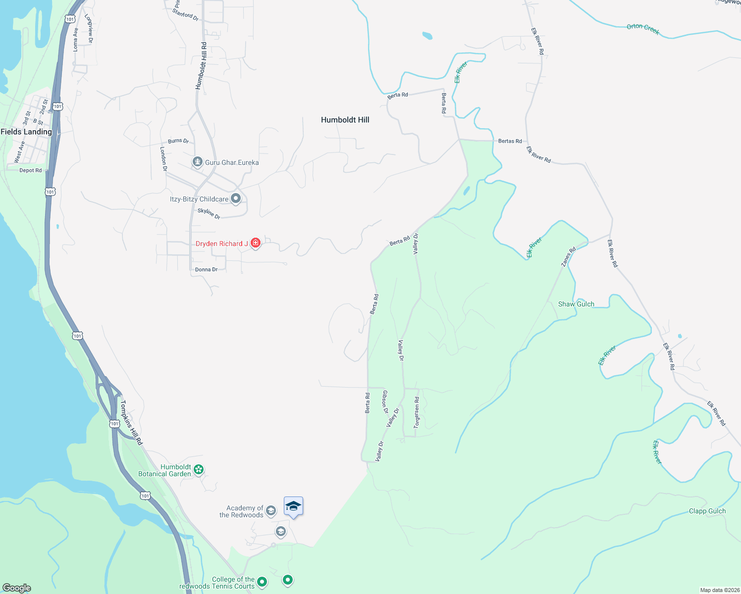 map of restaurants, bars, coffee shops, grocery stores, and more near 7382 Berta Road in Eureka