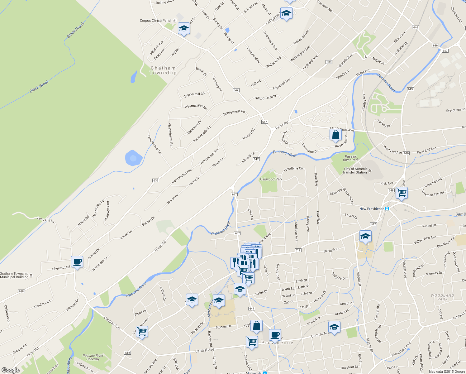 map of restaurants, bars, coffee shops, grocery stores, and more near 400 River Rd in Chatham