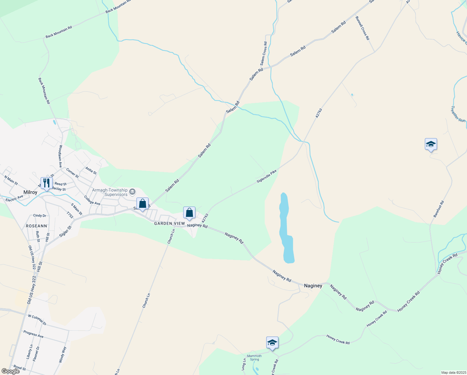 map of restaurants, bars, coffee shops, grocery stores, and more near 20 Apple Place in Milroy