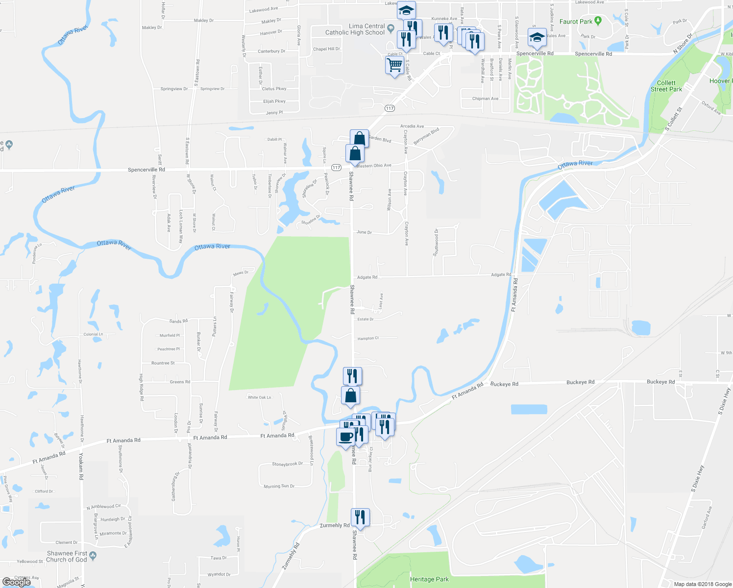 map of restaurants, bars, coffee shops, grocery stores, and more near 1755 Shawnee Road in Lima