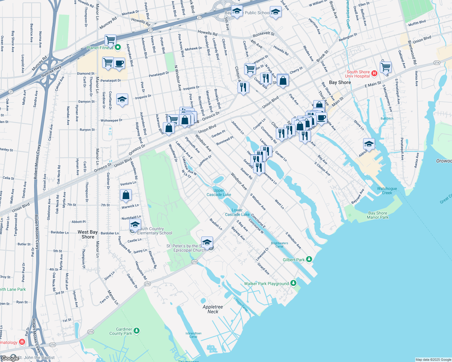 map of restaurants, bars, coffee shops, grocery stores, and more near 15 Lakeview Avenue South in Brightwaters
