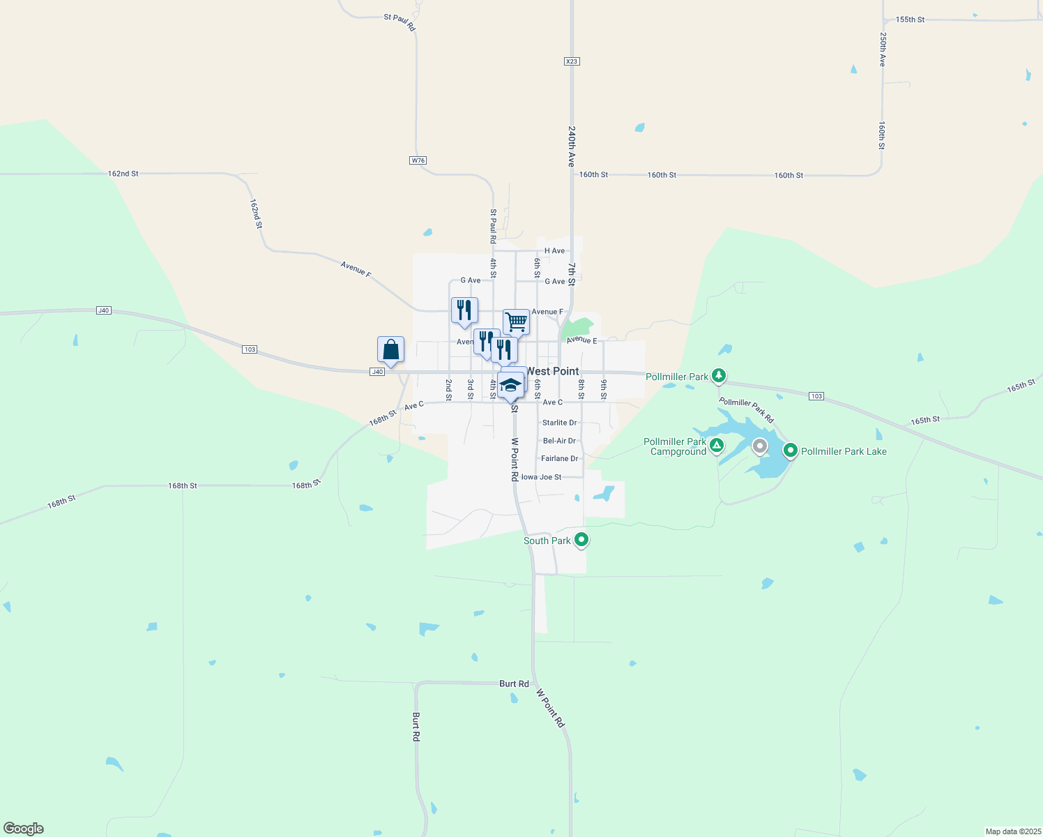 map of restaurants, bars, coffee shops, grocery stores, and more near 107 5th Street in West Point