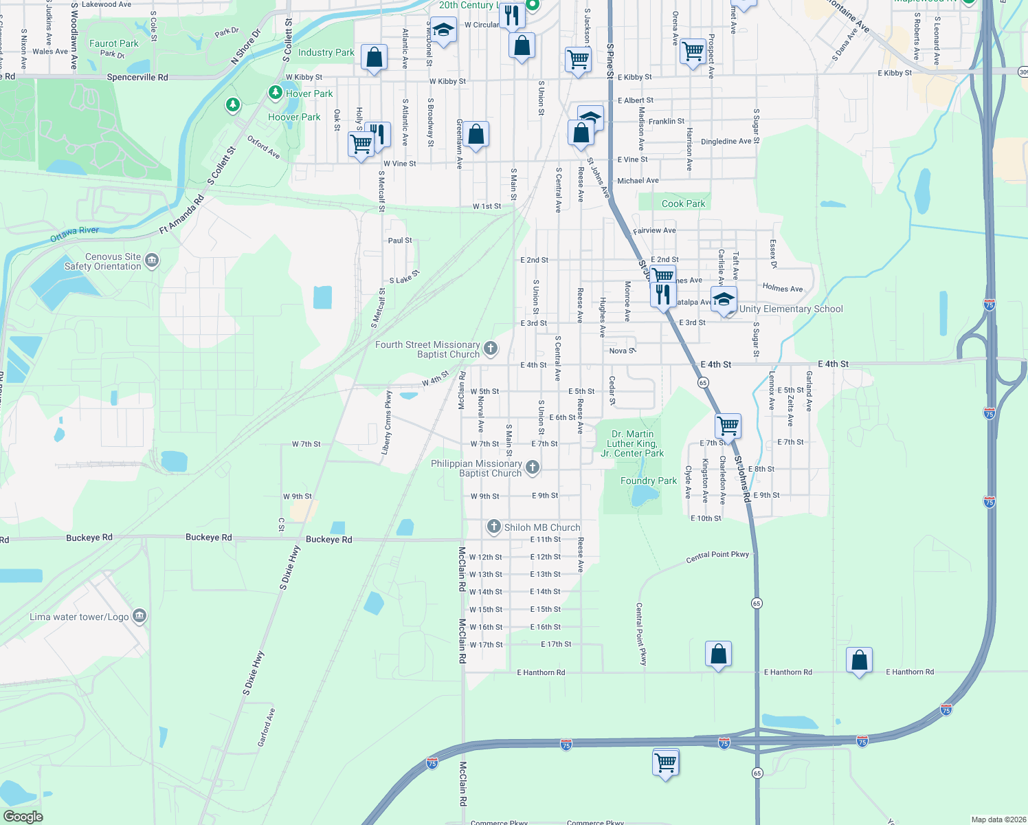 map of restaurants, bars, coffee shops, grocery stores, and more near 1433 S Main St in Lima