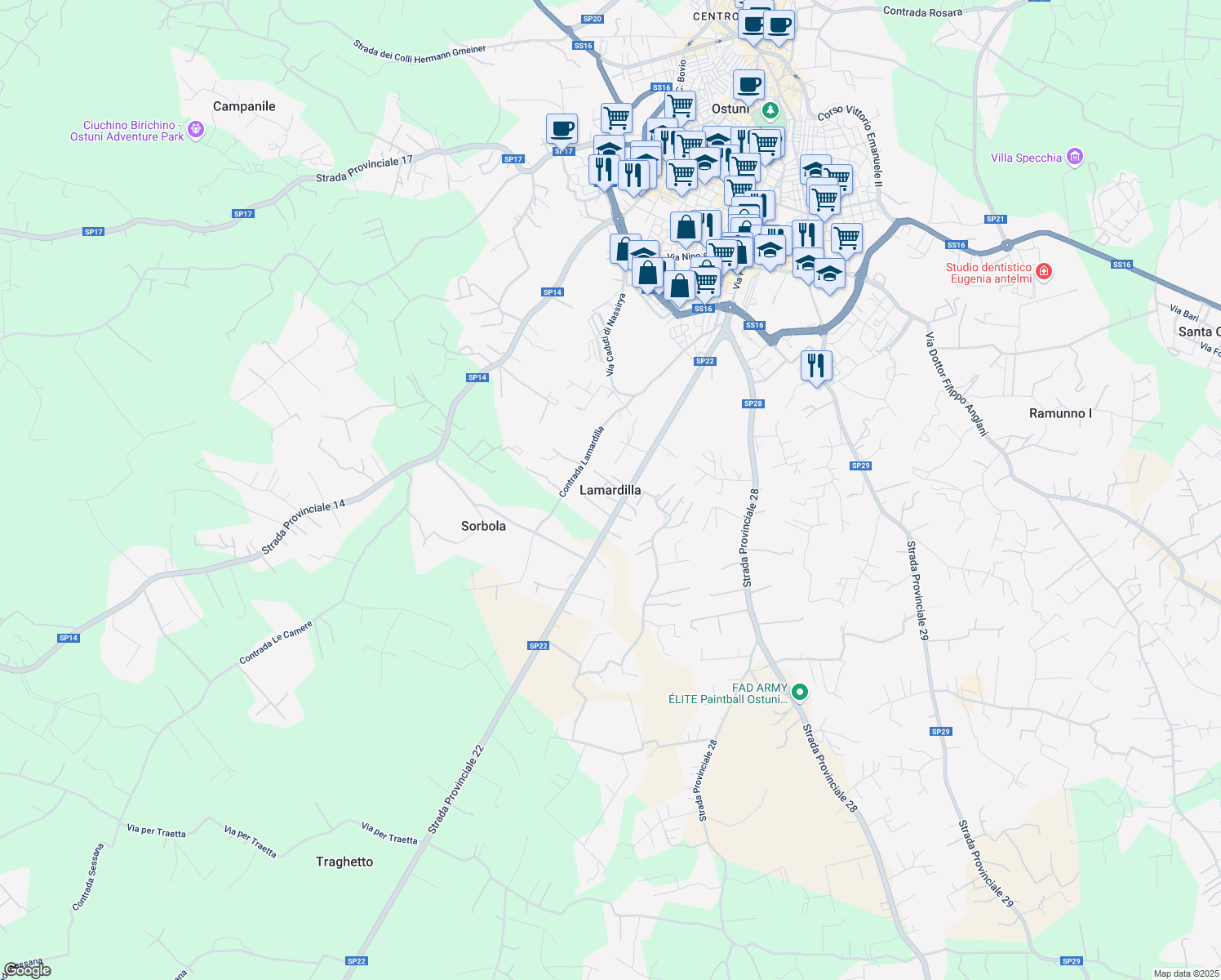 map of restaurants, bars, coffee shops, grocery stores, and more near 190 Via Papa Giovanni XXIII in Lamardilla