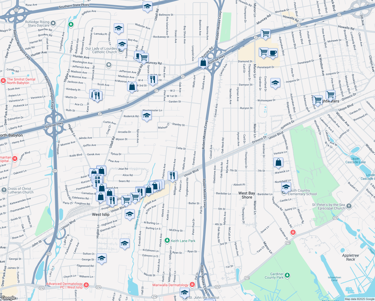 map of restaurants, bars, coffee shops, grocery stores, and more near 1064 Celia Street in West Islip