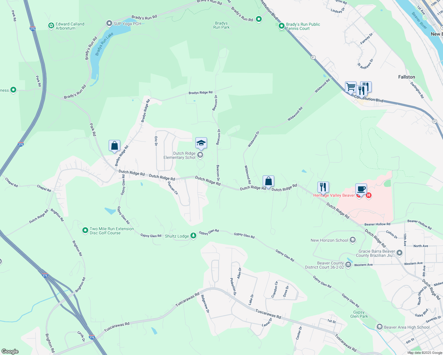 map of restaurants, bars, coffee shops, grocery stores, and more near 130 Beacom Drive in Beaver