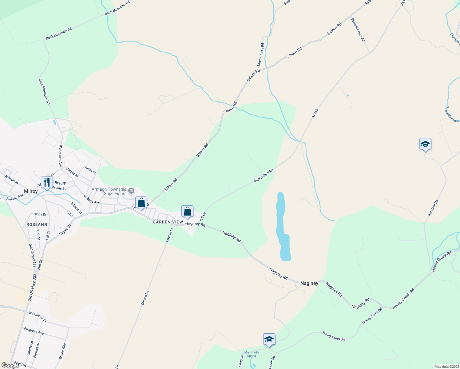 map of restaurants, bars, coffee shops, grocery stores, and more near 20 Apple Place in Milroy