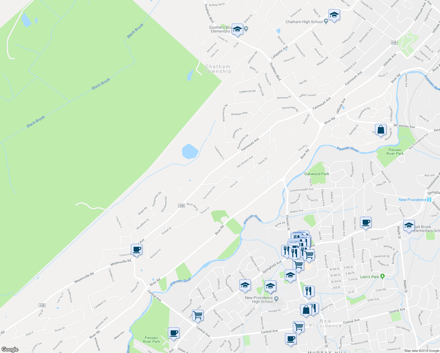 map of restaurants, bars, coffee shops, grocery stores, and more near 114 Van Houton Avenue in Chatham Township