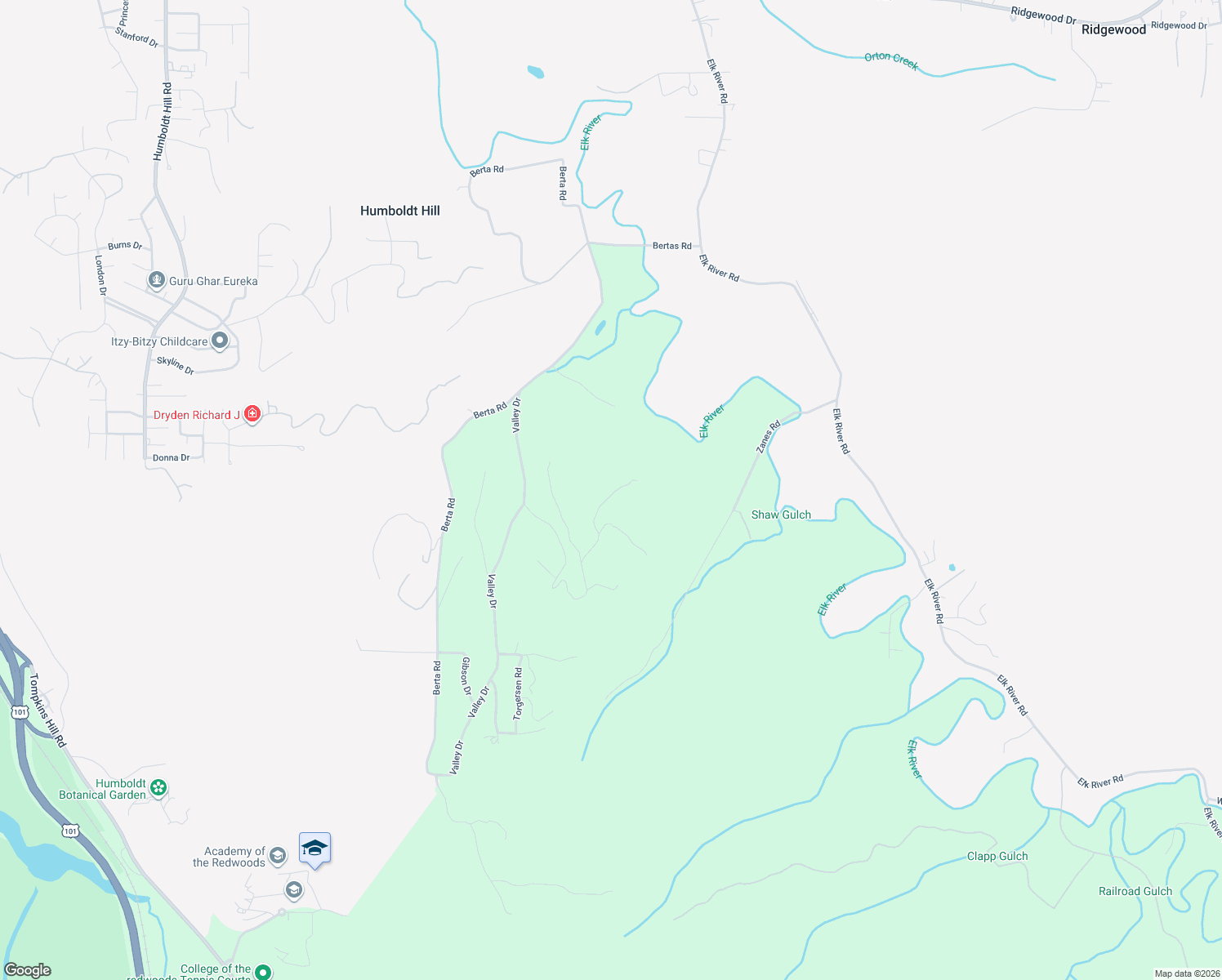 map of restaurants, bars, coffee shops, grocery stores, and more near 627-899 Tanglewood Drive in Eureka