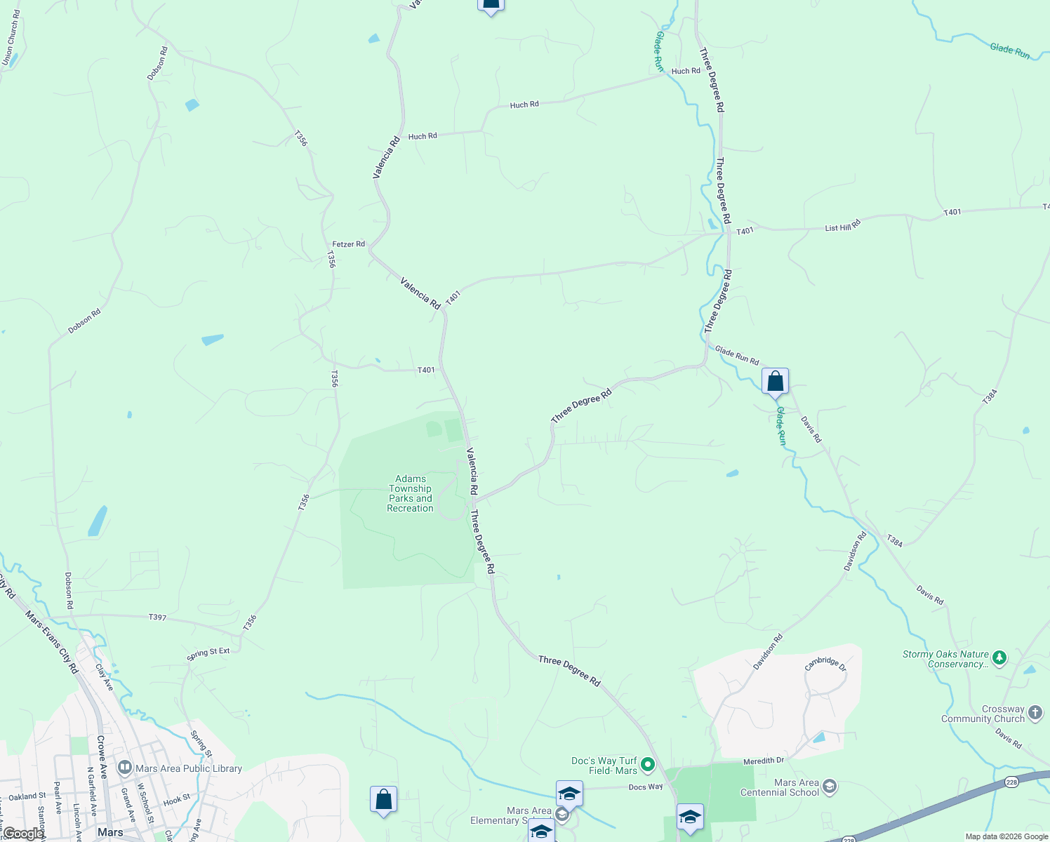map of restaurants, bars, coffee shops, grocery stores, and more near 1564 Three Degree Road in Mars