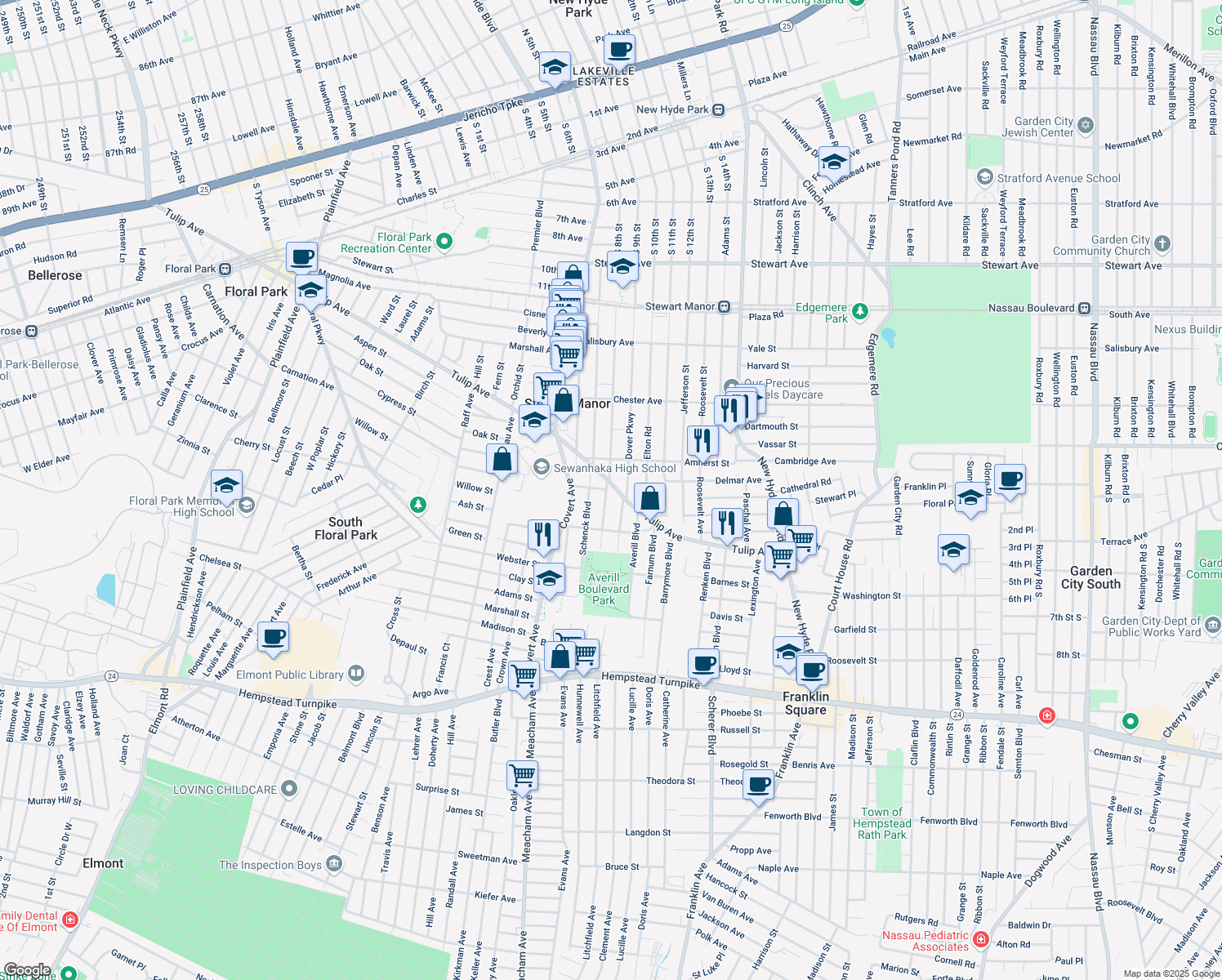 map of restaurants, bars, coffee shops, grocery stores, and more near 93 Gilmore Boulevard in Floral Park