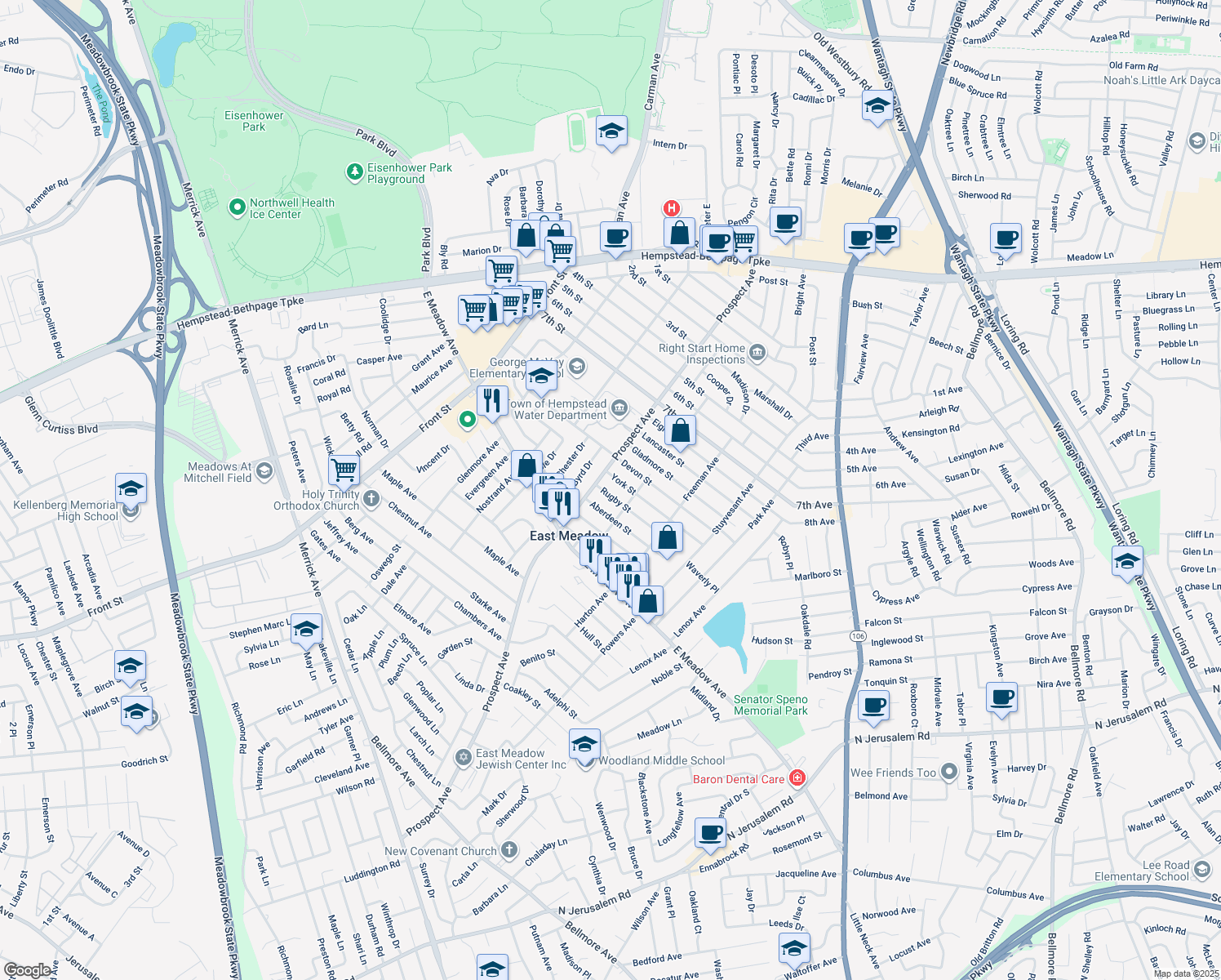 map of restaurants, bars, coffee shops, grocery stores, and more near 2349 Rugby Street in East Meadow