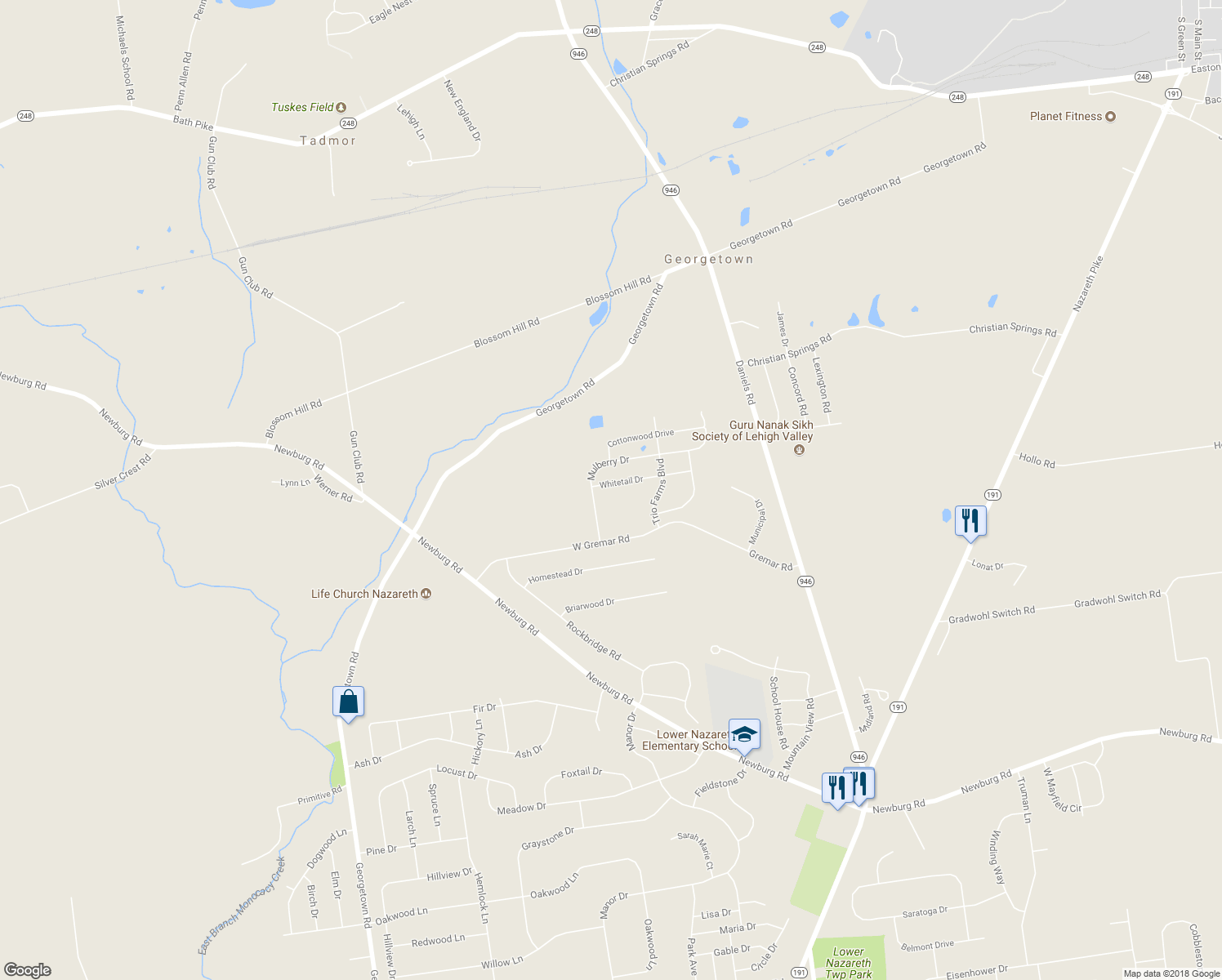 map of restaurants, bars, coffee shops, grocery stores, and more near 4497 Whitetail Drive in Nazareth