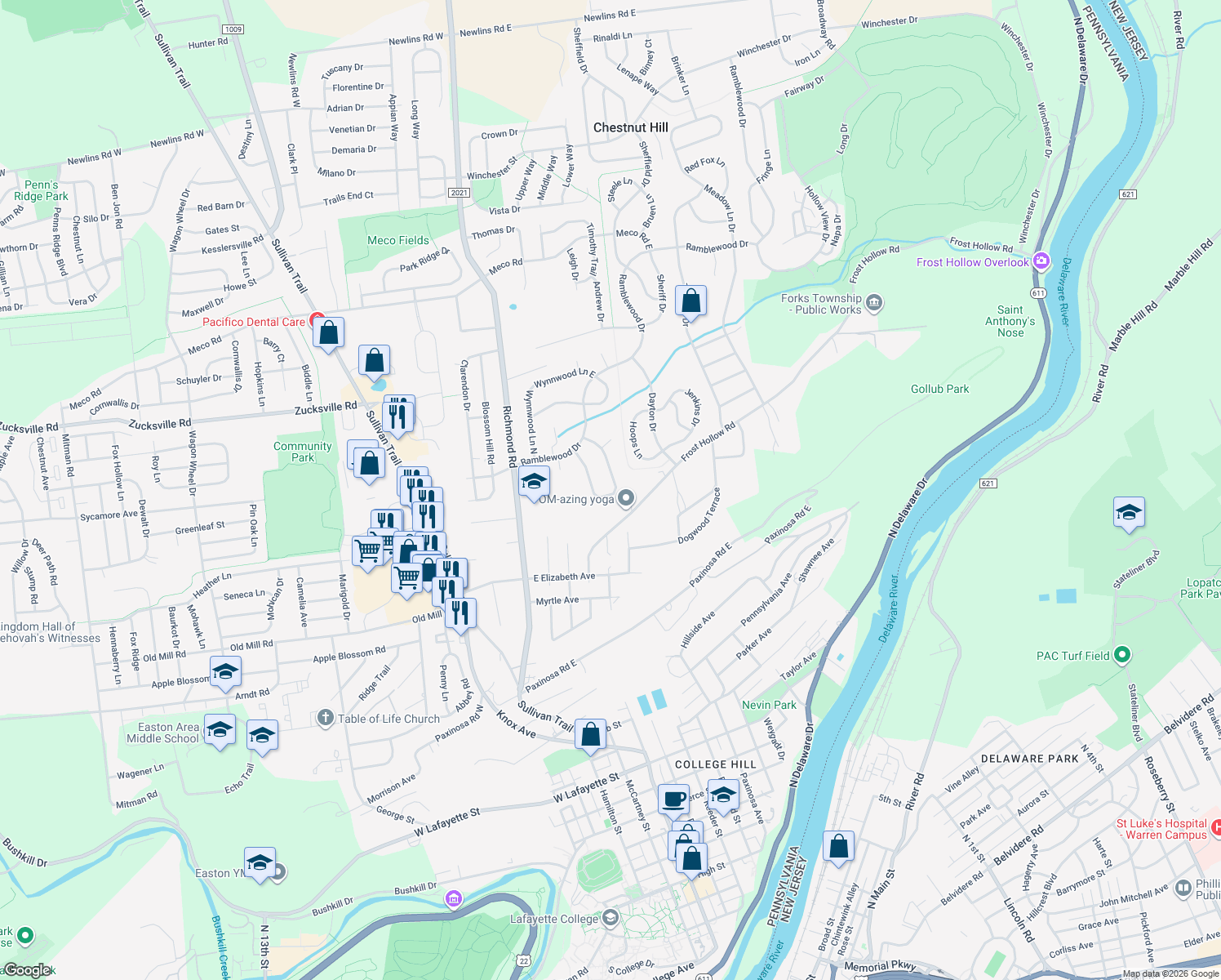 map of restaurants, bars, coffee shops, grocery stores, and more near 1622 Arrowwood Dr in Easton