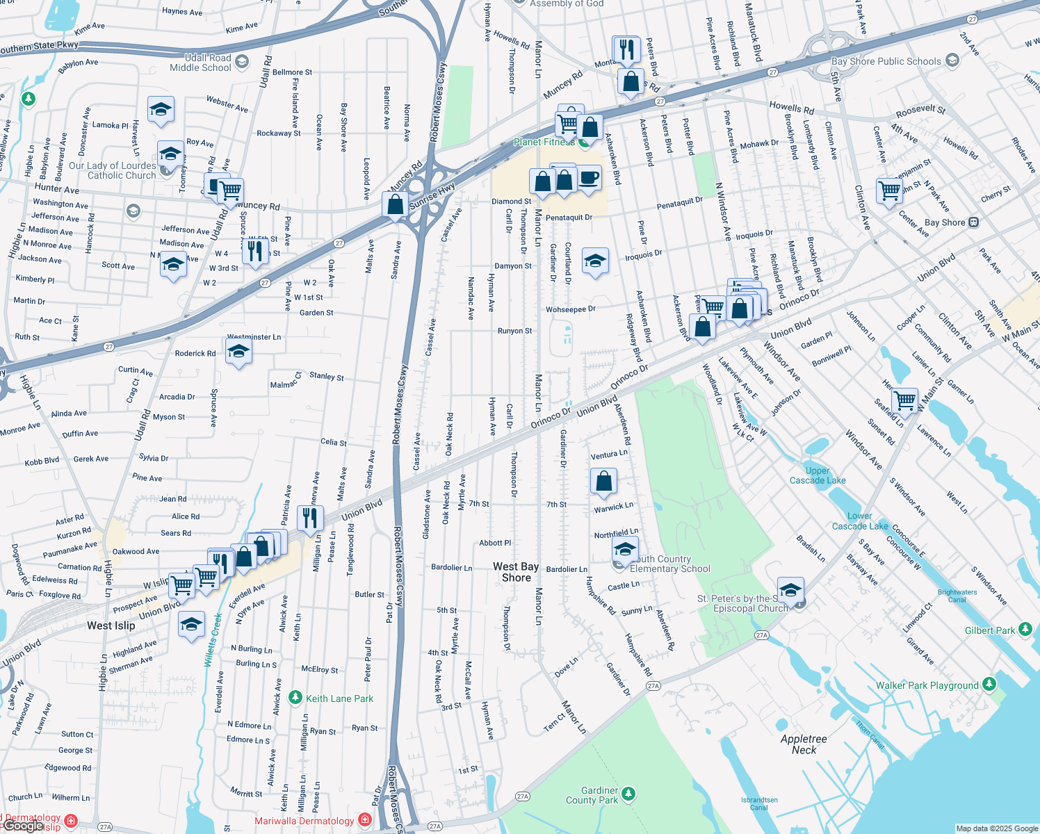map of restaurants, bars, coffee shops, grocery stores, and more near 1006 Thompson Drive in Bay Shore